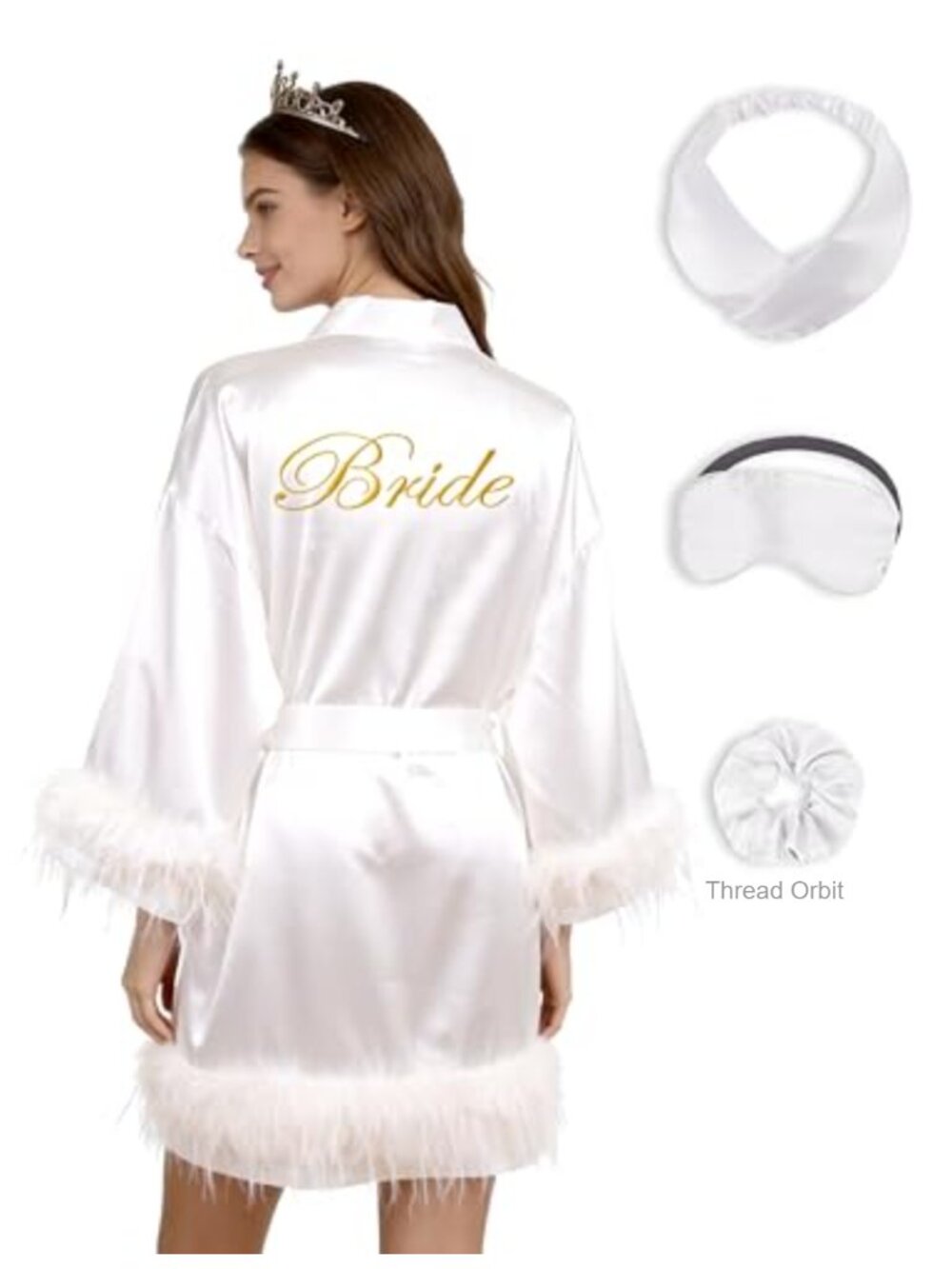 Satin Bridal Kimono Robe Feather Trim Embroidered Wedding Robe Set